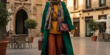 Mujer elegante con atuendo de otoño-invierno, destacando las tendencias de color 2026 en España.