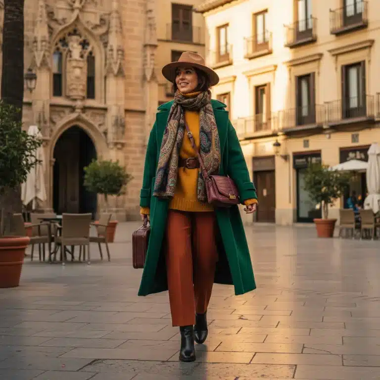 Mujer elegante con atuendo de otoño-invierno, destacando las tendencias de color 2026 en España.