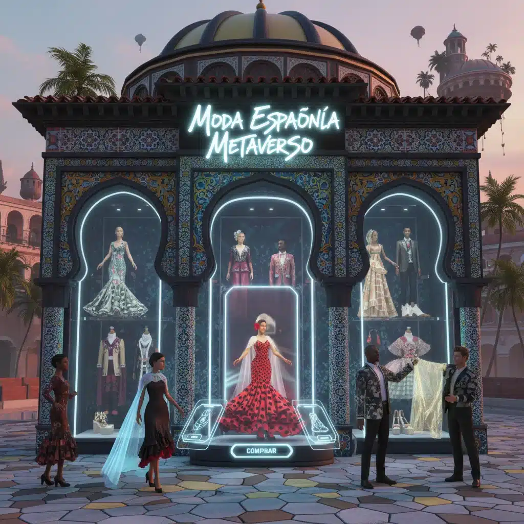 Tienda digital de moda española en el metaverso, con avatares interactuando con prendas virtuales.